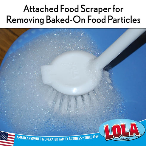 Lola Products Dish Brush w/Scraper, Durable Fiber Non-Scratch Bristles, Ergonomic Non-Slip Grip Handle, for Baked-on & Caked-on Messes, 1 Pack...