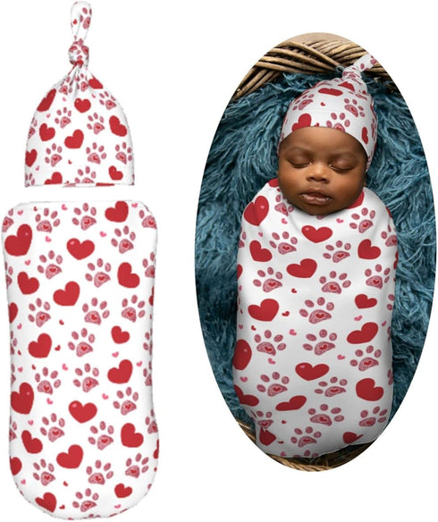 Love Hearts Dog Paw Print Newborn Swaddle Blankets Hat Sets Soft Baby Receiving Blanket Swaddle Sack for Baby Shower Infant Boy Girl Gift...