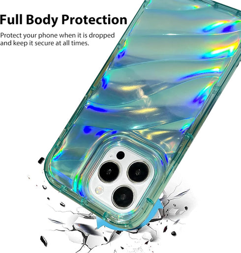 Bonoma Compatible with iPhone 15 Pro Case Bling Laser Iridescent Florescent Crystal Wave Luxury Case Camera Protector + Screen Protector Shockproo...