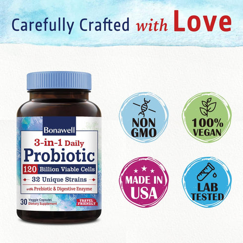 Bonawell Probiotics 120 Billion CFU 32 Strains with Prebiotics, Digestive Enzymes for Gut Health, 3-in-1 Daily Probiotic, Shelf-Stable, Delayed-Re...