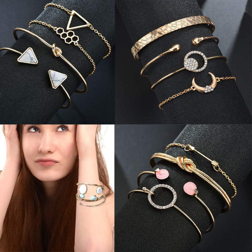 5 PACK (23pcs) Multiple Layered Stackable Open Cuff Wrap Bangle Bracelet Jewelry Adjustable for Women Wholesales Set Assorted...