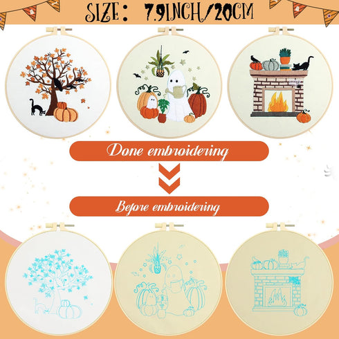 Yuxung 5 Sets Embroidery Kit for Beginners Adult Fall Thanksgiving Embroidery with Pumpkin Maple Leaf Pattern DIY Starter Needlepoint Kit with Emb...