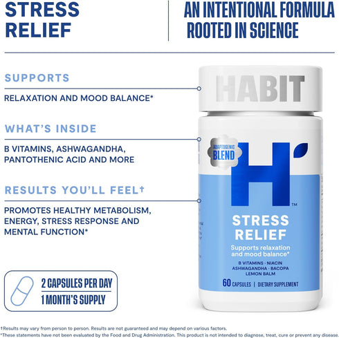 HABIT Stress Relief Supplement (60 Capsules) - New Look, Supports Relaxation & Mood Balance, Vitamin B, Adaptogens, Lemon Balm, Calming, Vegan, No...