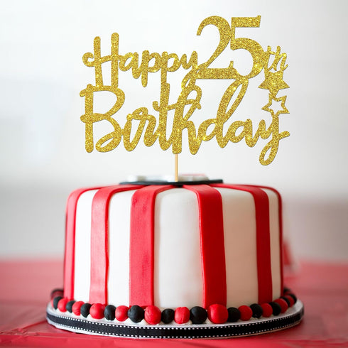 Gold Happy 25th Birthday Cake Topper,Hello 25,Cheer to 25 Years, 25 & Fabulous Party Decoration...