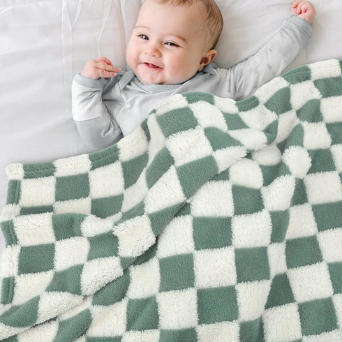 HOMRITAR Checkered Baby Blanket for Boys Sage Green Soft Fluffy Fuzzy Blankets with 3D Chessboard Grid, Warmer Comfort Reversible Lightweight Bed ...