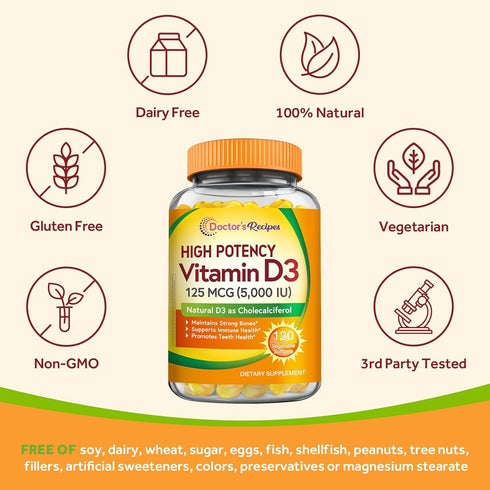 Doctor's Recipes Vitamin D3 5000IU, Immune Support for Bones, Teeth, and Immune Function, Non-GMO, No Gelatin, Gluten or Soy, 120 Vegetarian Softg...