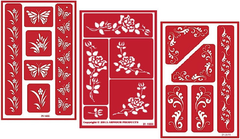 3 Armour Etch Over N Over Reusable Glass Etching Stencils Set | Butterfly, Fleur De Lis, Rose...