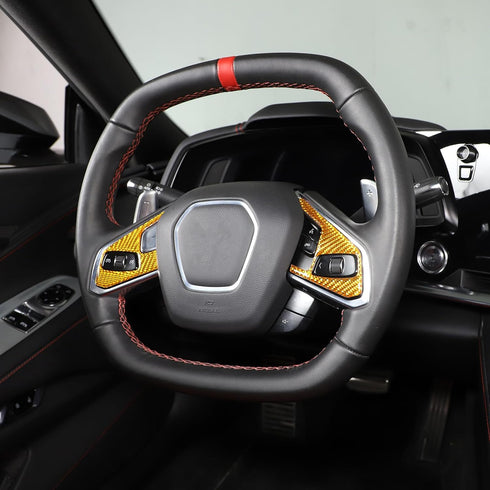Real Carbon Fiber Steering Wheel Button Cover Sticker Compatible with Corvette C8 2020-2023, Car Steering Wheel Panel Protection Frame Sticker Tri...