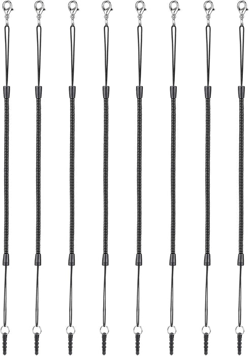 Elastic Tether Lanyards (Pack of 8) for Stylus Pens with Top Port, Retractable Coiled Spring Lobster Clasp Hook Earphone Jack (Black)......