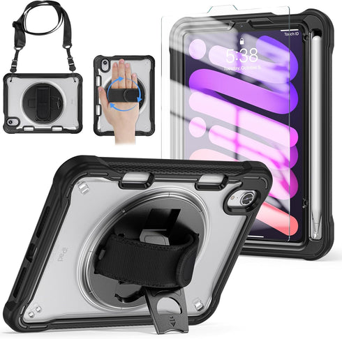 BRAECNstock iPad Mini 6 Case 8.3 inch 2021 with Screen Protector,Pencil Holder/360 Rotate Stand/Shoulder Strap,Shockproof Cover for Kids iPad Mini...
