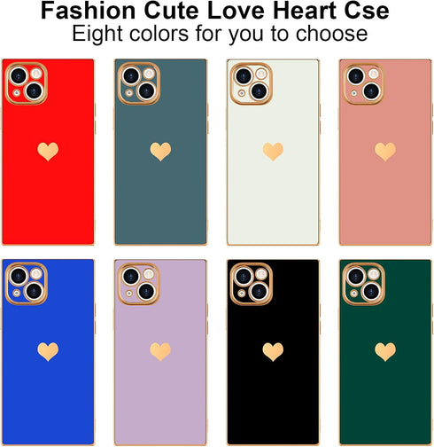 Compatible with iPhone 13 Case Square Luxury Plating Gold for Women Girls Cute Love Heart Pattern Shockproof Raised Full Camera Lens Protection Co...