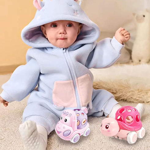 ONEST 2 Pieces Baby Girl Toy Cars for Babies, Infant Soft Rubber Push and Go Toy Car for Toddler Girl, Rattle Roll Truck Wind Up Cars for Infants ...
