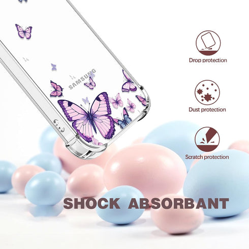 for Samsung Galaxy S21 FE Case,Alluring Purple Butterfly Pattern Anti Yellowing Slim Hard Cases,Hard PC + TPU Bumper Clear Shockproof Protective W...