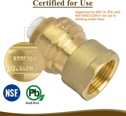 JUWO 1/2" x 1/2" NPT Female Adapter for PEX, Copper, CPVC Pipe, Push to Connect Brass Plumbing Fitting with Upgraded Stiffener (6 Pack)...