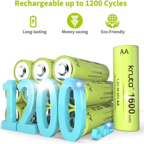 Kruta Ni-MH AA Rechargeable Batteries, Double A 1600mAh High Capacity 1.2V Pre-Charged for Garden Landscaping Outdoor Solar Lights, String Lights,...