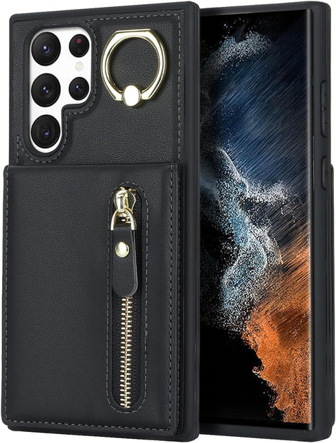 Samsung Galaxy S22 Ultra Case with Card Holder for Women, Samsung Galaxy S22 Ultra phone Case Wallet with Credit Card with Ring Kickstand Zipper S...