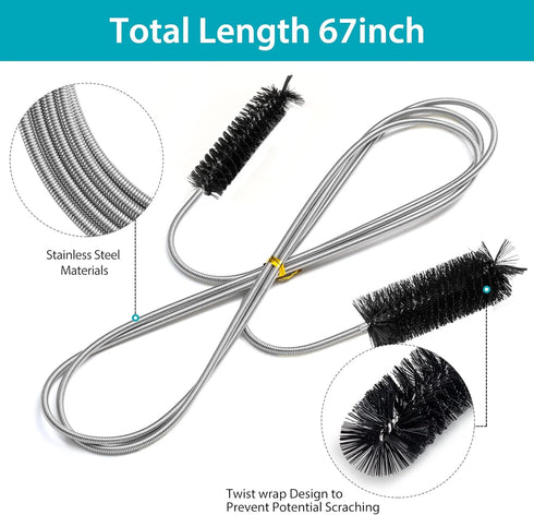 Extra-Thick Drain Brush with Stronger Spring - 67-Inch Flexible Pipe Cleaning Tool - Dual Bristle Heads - Ideal for Curved Pipes and Slim Holes – ...