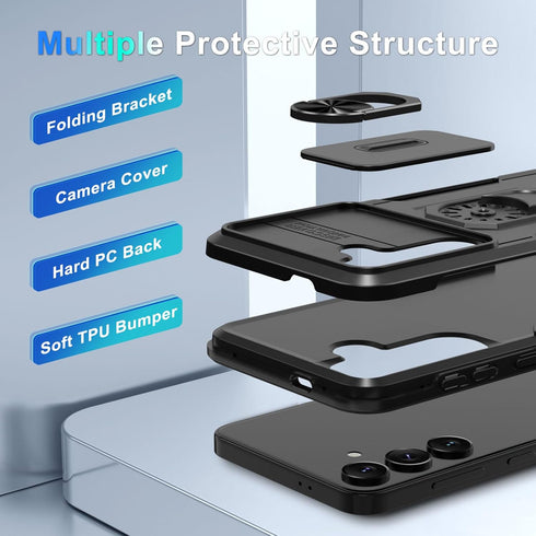 Janmitta Compatible with Galaxy S24+ Plus Case Built in Slide Camera Lens Cover+Screen Protector+Finger Ring Holder Kickstand,Heavy Duty Shockproo...