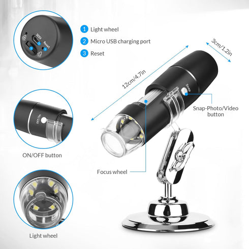Handheld Digital Microscope Wireless Portable for Kids Adults 50x-1000x Magnification with 360 Rotate Stand Compatible with iOS/Android iPhone, iP...