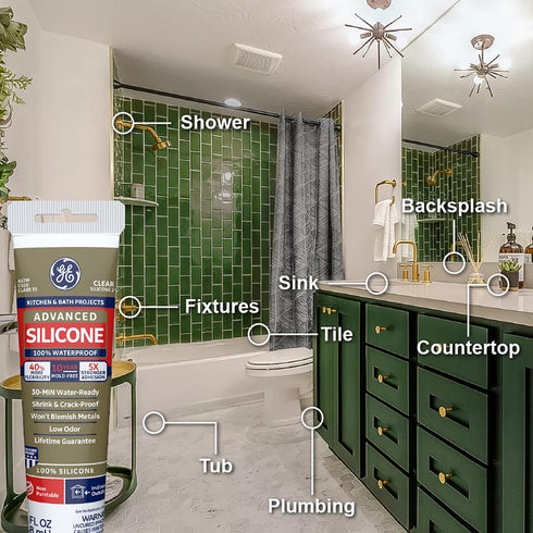 GE Advanced Silicone Caulk for Kitchen & Bathroom - 100% Waterproof Silicone Sealant, 5X Stronger Adhesion, Shrink & Crack Proof - 2.8 fl oz Tube,...