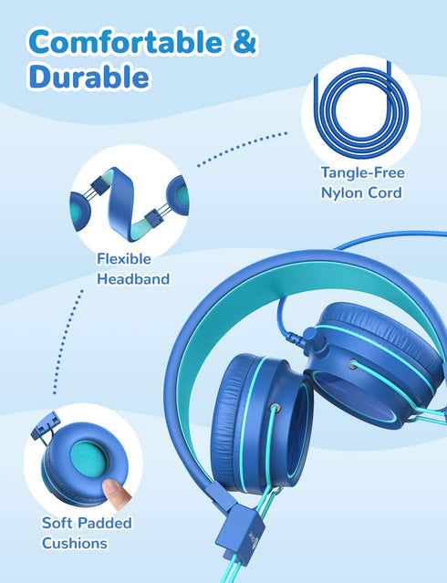 iClever HS21 Kids Headphones with Microphone for Virtual School- Rotatable Extendable Mic - 94 dB Volume-Safe Headphones for Kids, Wired Foldable ...