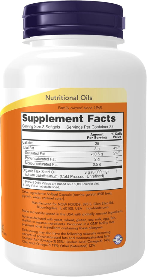 NOW Supplements, Flax Oil 1,000 mg made with Organic Flax Oil, Cardiovascular Support*, 100 Softgels...