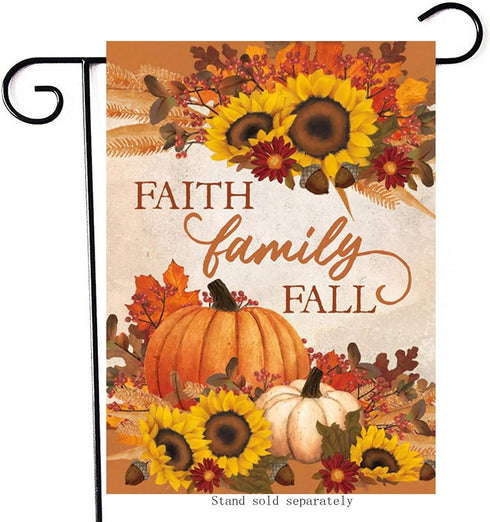 Faith Family Fall Decorative Small Garden Flag Autumn House Yard Outside Pumpkin Sunflower Maple Leaves Farmhouse Burlap Decor, Thanksgiving Relig...