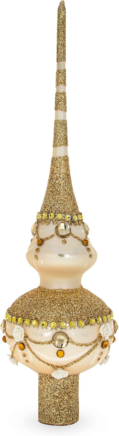 Dimensional Roses on Sparkling Beige Mouth Blown Glass Christmas Tree Topper 11 Inches...