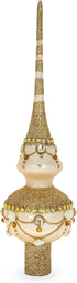 Dimensional Roses on Sparkling Beige Mouth Blown Glass Christmas Tree Topper 11 Inches...