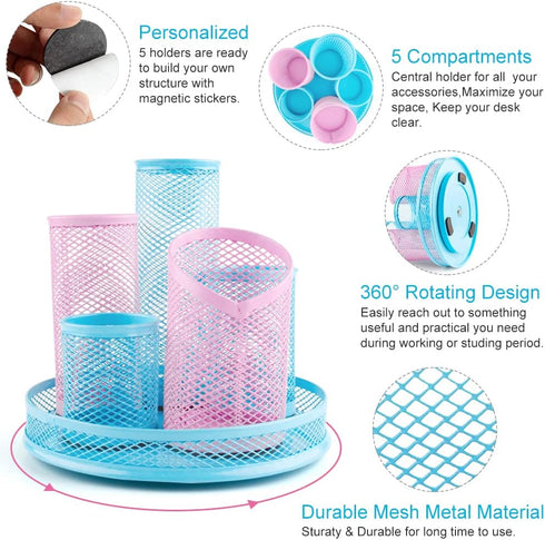 Rotating Pen Holder, Spinning Pencil Holder Desk Organizers, 5 Removable Tube Mesh Pen Pot Storage Caddy Stationery Sorter for Office School Suppl...