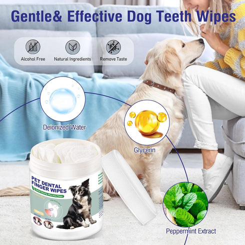 Pet Teeth Cleaning Finger Wipes for Dogs & Cats, Dog Dental Wipes for Removing Plaque and Tartar Buildup, No-Rinse Disposable Gentle Cleaning & Gu...