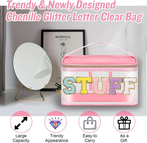 Chenille Letter Clear Makeup Bags Stuff Pouch, Preppy Patch Makeup Bag Zipper with Handle, Transparent PVC & Nylon Waterproof Glitter Cosmetic Han...