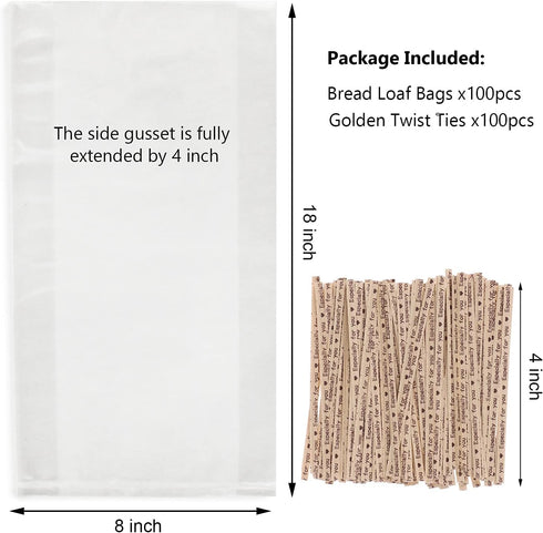 Bread Bags With Ties,100 Pieces 18x4x8 Inches Reusable Plastic Loaf Storage Bags for Homemade Bread Gift Giving...