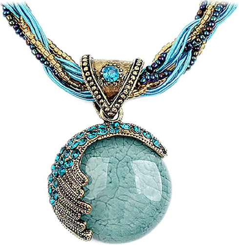 Harlorki Women Lady Retro Vintage Bohemian Style Twist Woven Rope Chain Turquoise Rhinestone Pendant Collar Necklace Fashion Jewelry...