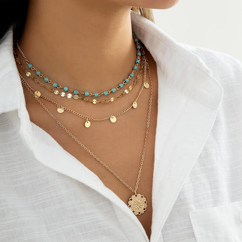 Boho Choker Women Necklace Gold Turquoise Coin Pendant Layered Necklaces Chain Glitter Bohemia Sequin Tassel Necks Jewelry for Women...