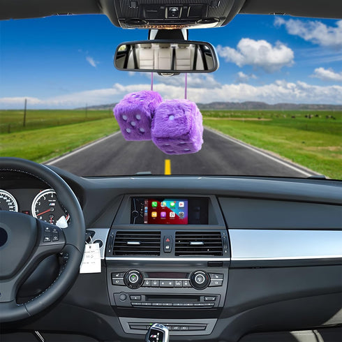 Pair of Retro Square, 3 inch Fuzzy Plush Dice with Dots, Car Mirror Hanging Decoration, Auto Rearview Mirror Ornament, Car Interior Accessories (P...