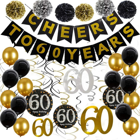 60th Birthday Party Decorations For Men Cheers to 60 Years Black ?nd Gold 60th Birthday Banner 60 Birthday Balloons Decoration For Him...