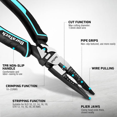 DURATECH 6-in-1 Needle Nose Pliers, 8.5" Multipurpose Long Nose Pliers with Wire Stripper/Crimper/Cutter Function, Heavy Duty Multifunctional Elec...