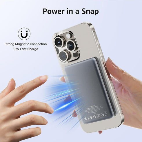 Ultra-Thin Magnetic Power Bank 5000mAh, 0.3in Magsafe Battery Pack Wireless Portable Power Bank Magnetic Charger for iPhone 15/15 Plus/15 Pro/15 P...