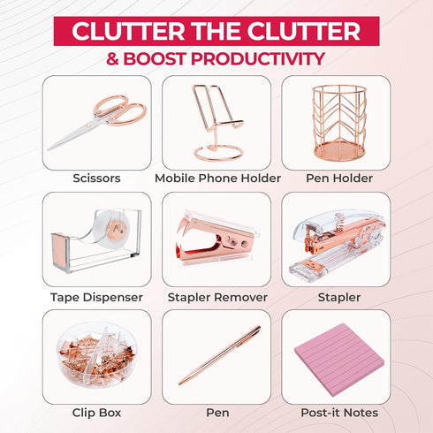 Rose Gold Office Supplies and Accessories - Cute Office Supplies for Women with Rose Gold Stapler, Tape Dispenser, Pen Holder, Scissors, Phone Hol...