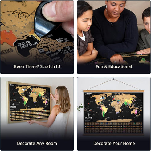 Landmass Scratch Off World Map, Deluxe Travel Tracker with Flags, Detailed Cartography, Gift Idea for Travelers, Wall Art, Home or Office Decor, 1...