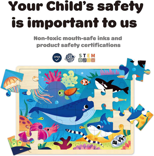 24 Piece Puzzles for Kids Ages 3-5, Unique Shape Jigsaw Pieces Ocean Animal, Wooden Jigsaw Puzzle for 3 4 5 Year Old, Preschool Toddler Puzzle wit...