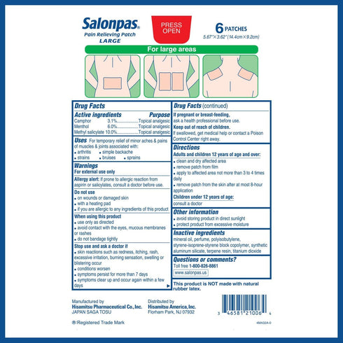 Salonpas Pain Relieving Patch, LARGE, 6 Count, for Back, Neck, Shoulder, Knee Pain and Muscle Soreness, 8 Hour Pain Relief...