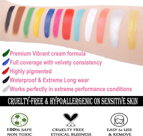 CCbeauty Professional Face Body Paint Oil 12 Colors Halloween Art Party Fancy Makeup Palette Set with 10 Blue Brushes,Deep...