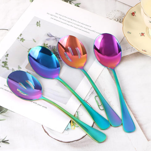4 Pieces Colorful Serving Spoons Set, Include 2 Large Serving Spoon And 2 Slotted Spoons, Rainbow Color Style Stainless Steel Serving Utensils for...
