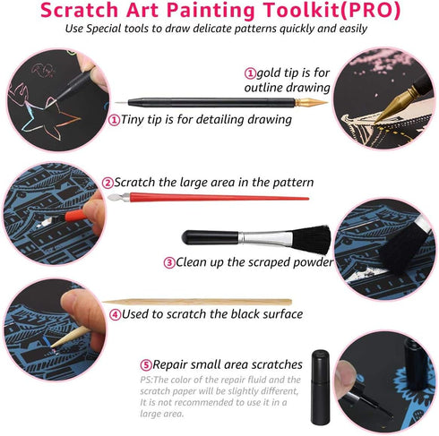 Scratch Art for Kids & Adults, Rainbow Painting Night View Scratchboard(A4), Crafts Set: 8 Sheets Scratch Cards with 6 tools in Bag - Unicorn/Flam...