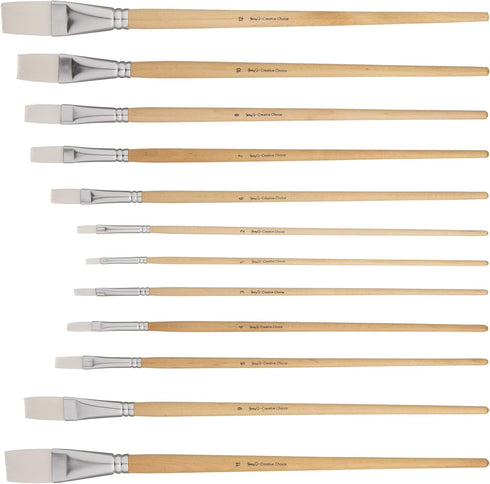 Jerry Q Art 12 PC White Synthetic Hair Flat Brush Set with Long Wood Handles for Watercolor and Acrylic JQ66051...
