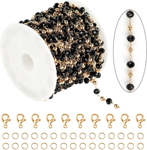 KYUNHOO 16.4 Feet Black Beaded Chain for Jewelry Making Gold Plated Brass Rosary Chain on Spool with Lobster Claps and Jump Rings for Women Neckla...