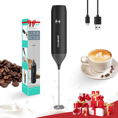 HAUSHOF Powerful Rechargeable Milk Frother, Handheld USB Type-C Electric Foam Maker for Coffee Latte, Cappuccino, Mocha, Macchiato, Frappe and Pro...