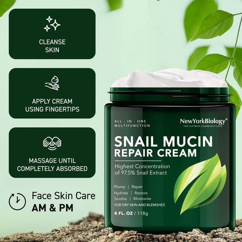 New York Biology Face Cream - 97.5% Korean Snail Mucin - 4 Fl Oz - 100 g - Face Moisturizer for Dry Skin - Skin Care Moisturizing and Hydrating Fa...